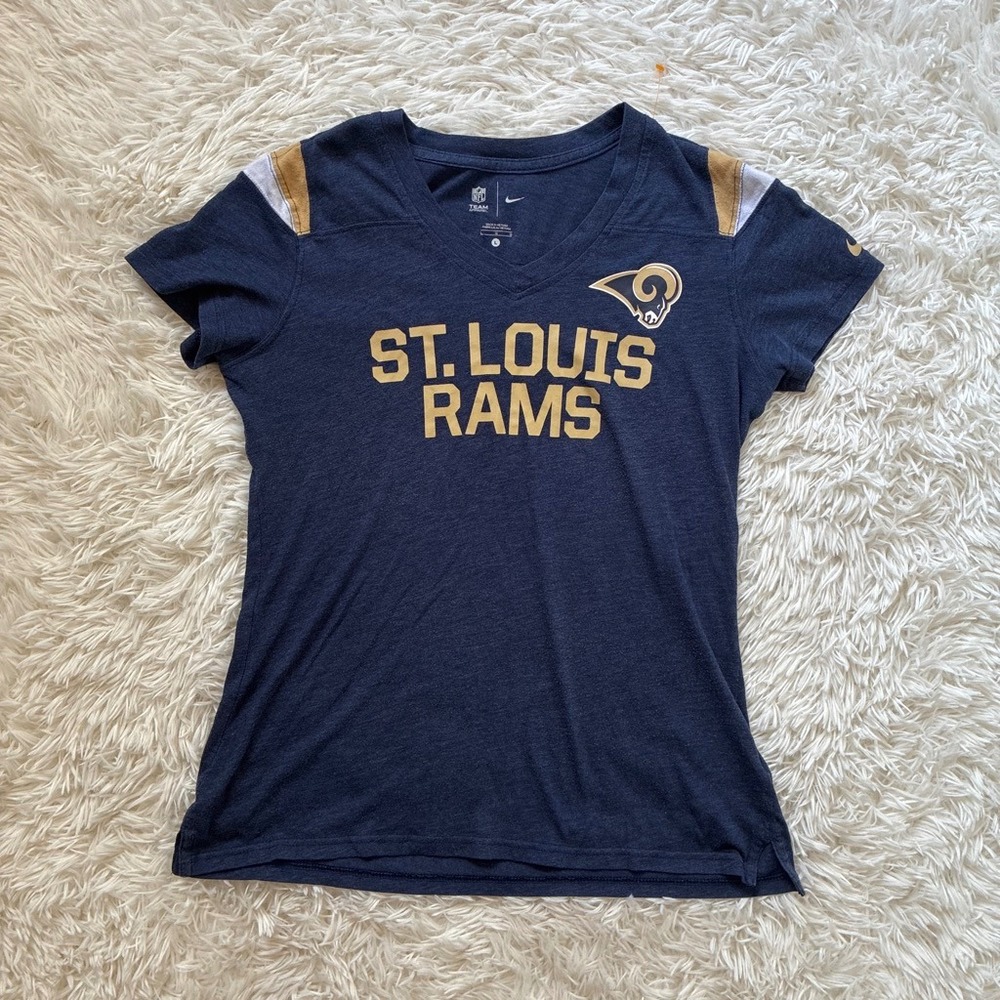 Nike NFL St Louis Rams Navy Blue V-Neck T-Shirt Womens Large Logo Graphic Tee